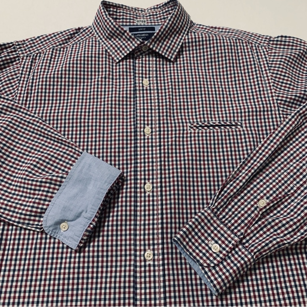 Cremieux Shirt Men's Classics Slim Fit‎ Long Sleeve Button Up Plaid Red Navy L